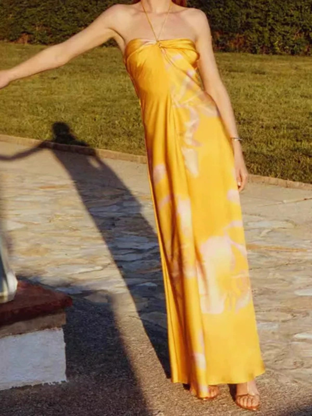 ZARA Sexy Chic Vacation Yellow Print Spaghetti Strap Beach Dress